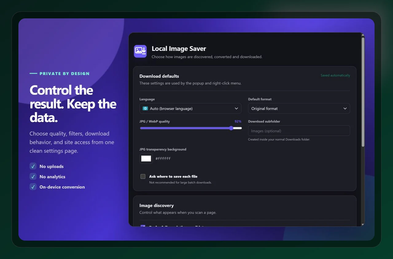 Local Image Saver settings used while working with batch download product images for design research
