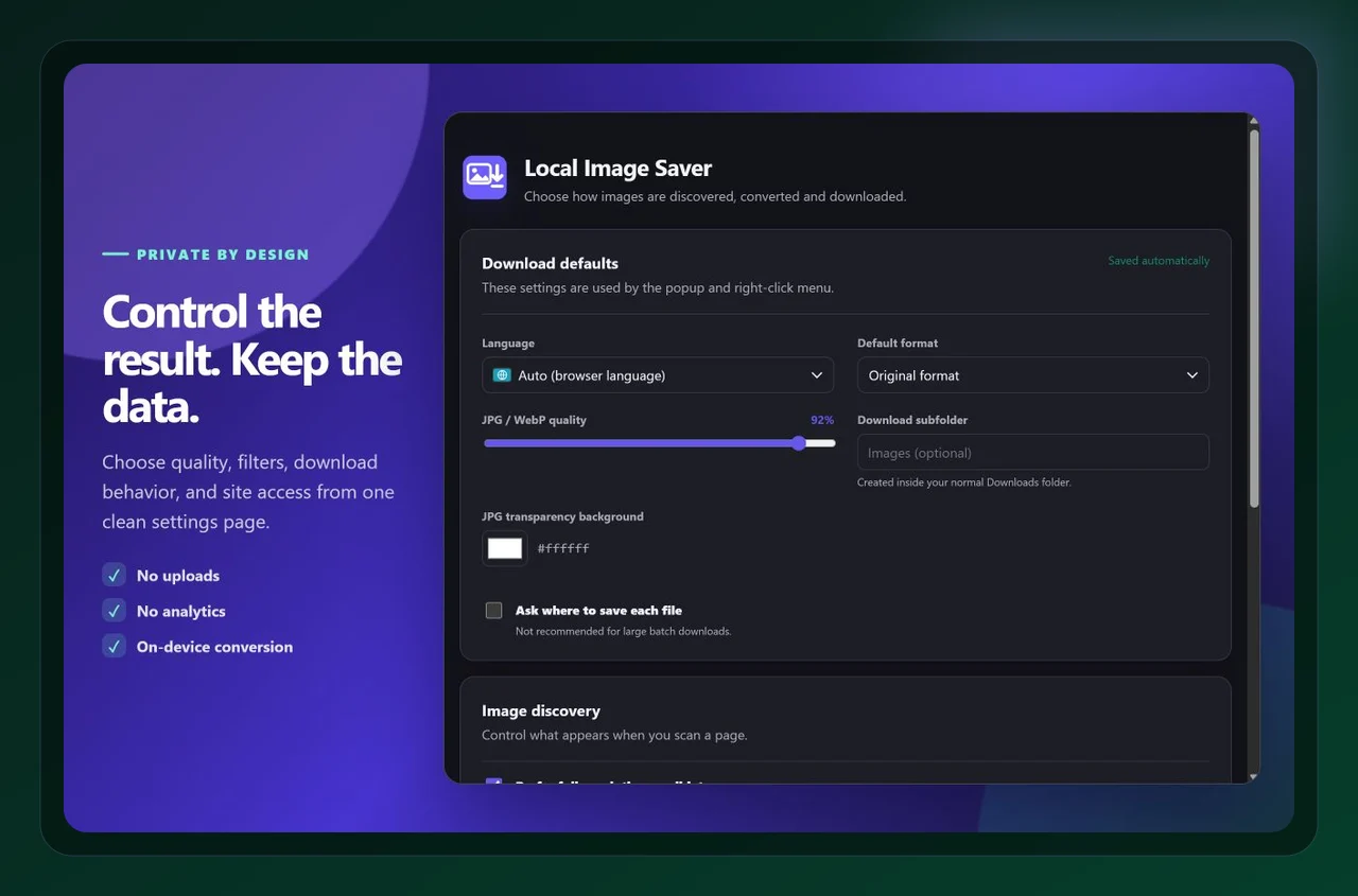 Local Image Saver settings used while working with download all images from a website in Chrome