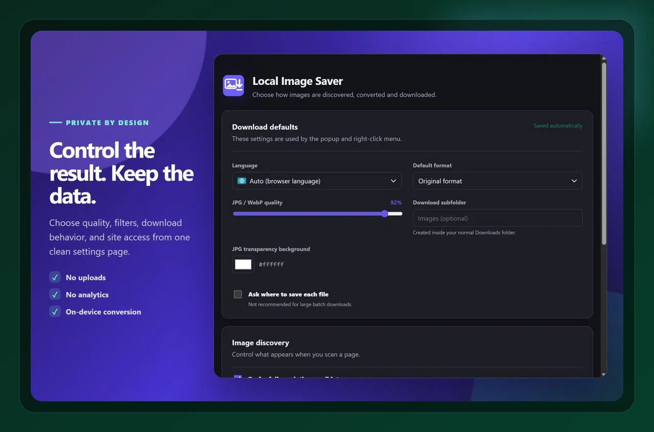 Local Image Saver settings used while working with download images from a website in original quality