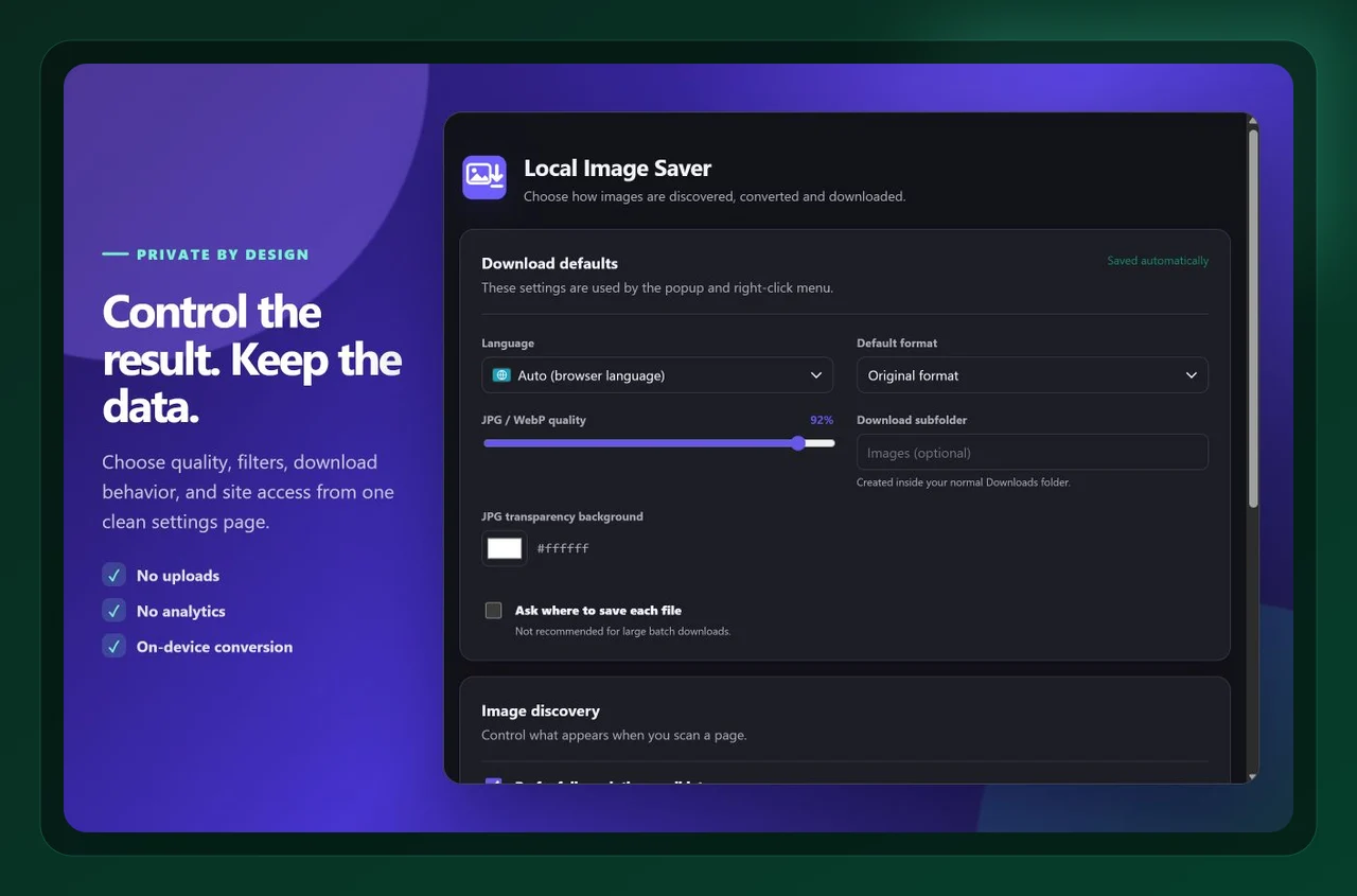 Local Image Saver settings used while working with find and download full-resolution images from a website