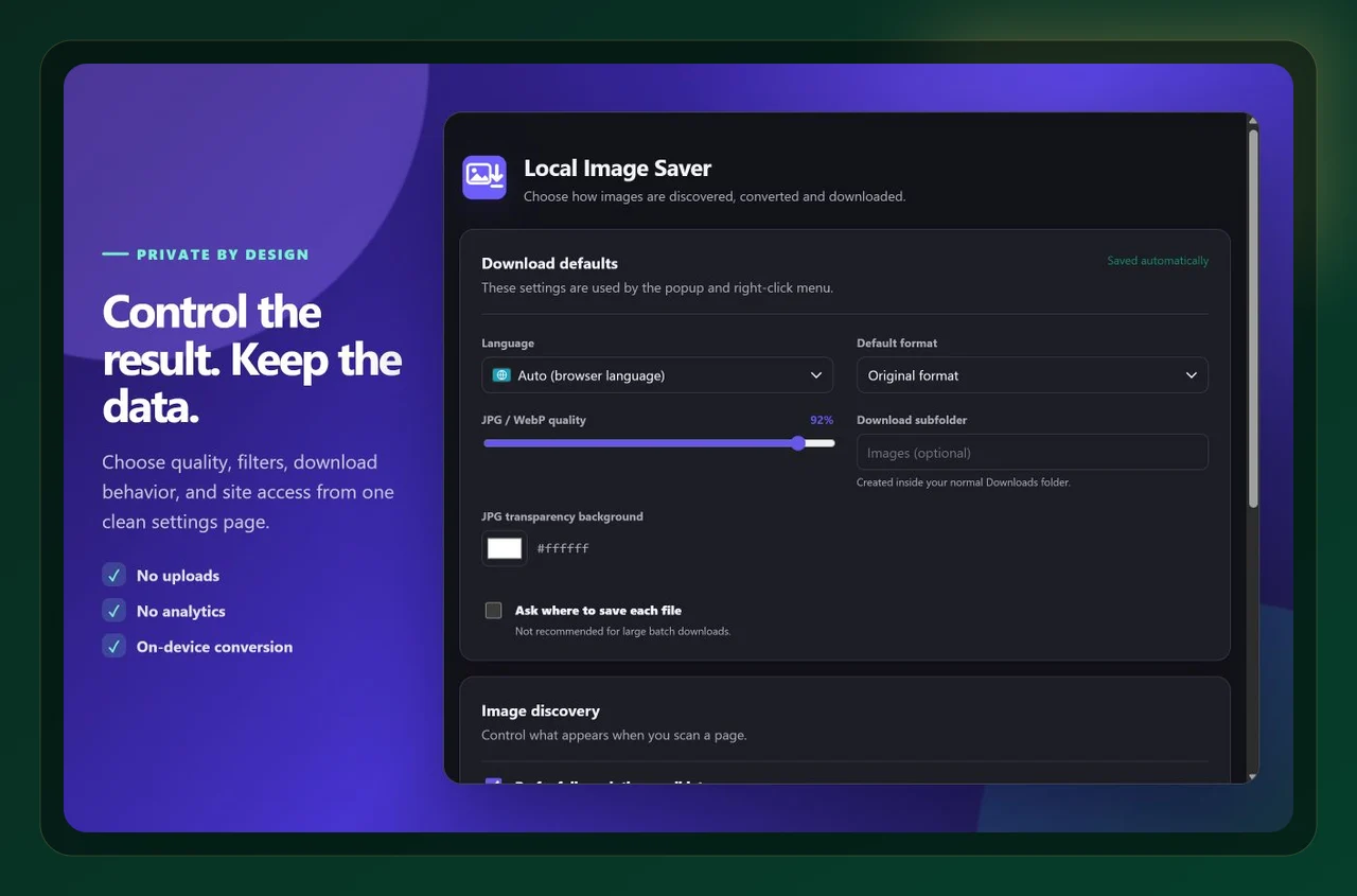 Local Image Saver settings used while working with JPG vs PNG vs WebP: which image format should you download