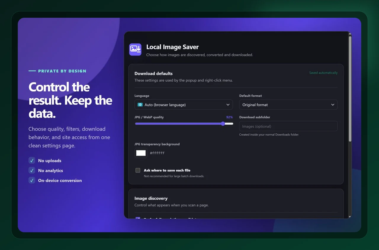 Local Image Saver settings used while working with save images as PNG instead of WebP in Chrome