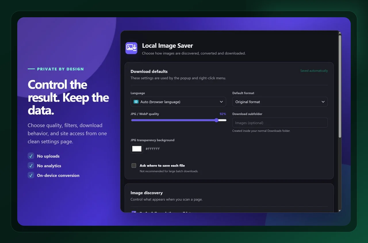 Local Image Saver settings for default file format, JPG and WebP quality, and local-only downloads
